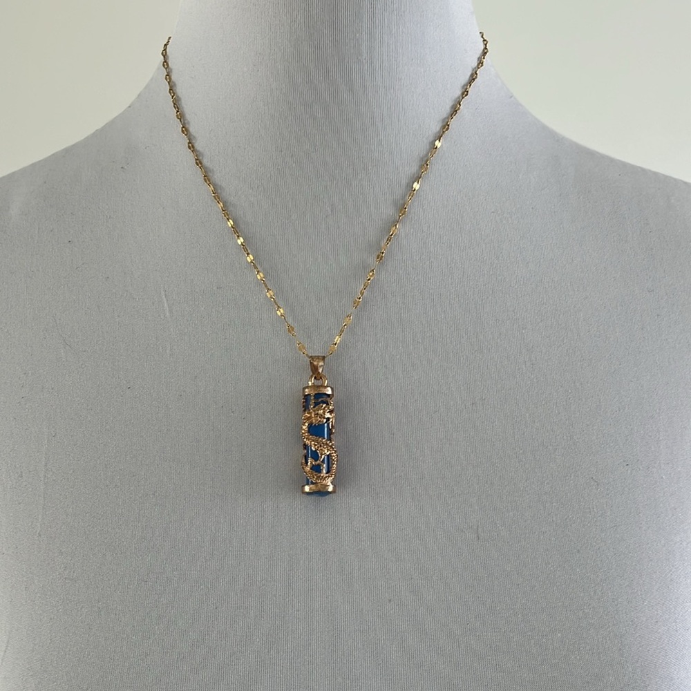 DRAGON Blue Pendant Stainless Steel Dainty Gold Tone Chain Mythical Magic Whimsy